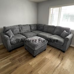 Dark Grey Corduroy Sectional Sofa With Ottoman 
