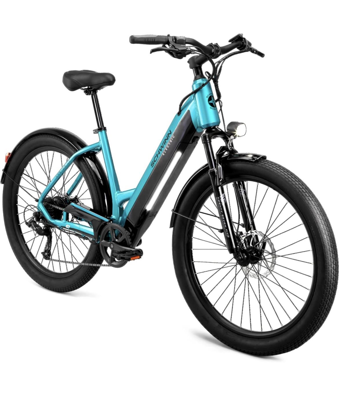 28-186 Schwinn Coston Adult Electric Hybrid Bike, Step-Thru and Step Over Frames, 7-Speed, 27.5 Inch Wheels, Aluminum Frame