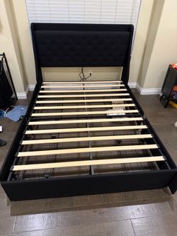 Black Linen Queen Bedframe with Power Outlets