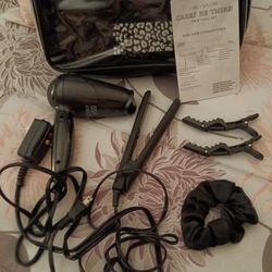 Luke And Willow Brown Mini Blow Dryer And Flat Iron Comes In A Carrying Case With Clips And Hair Tie Perfect For Travel