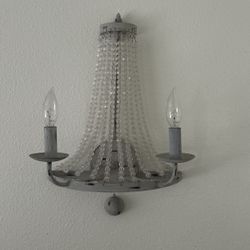 Pair of Distressed Gray Crystal Beaded Wall Sconces – 19.5” x 13”