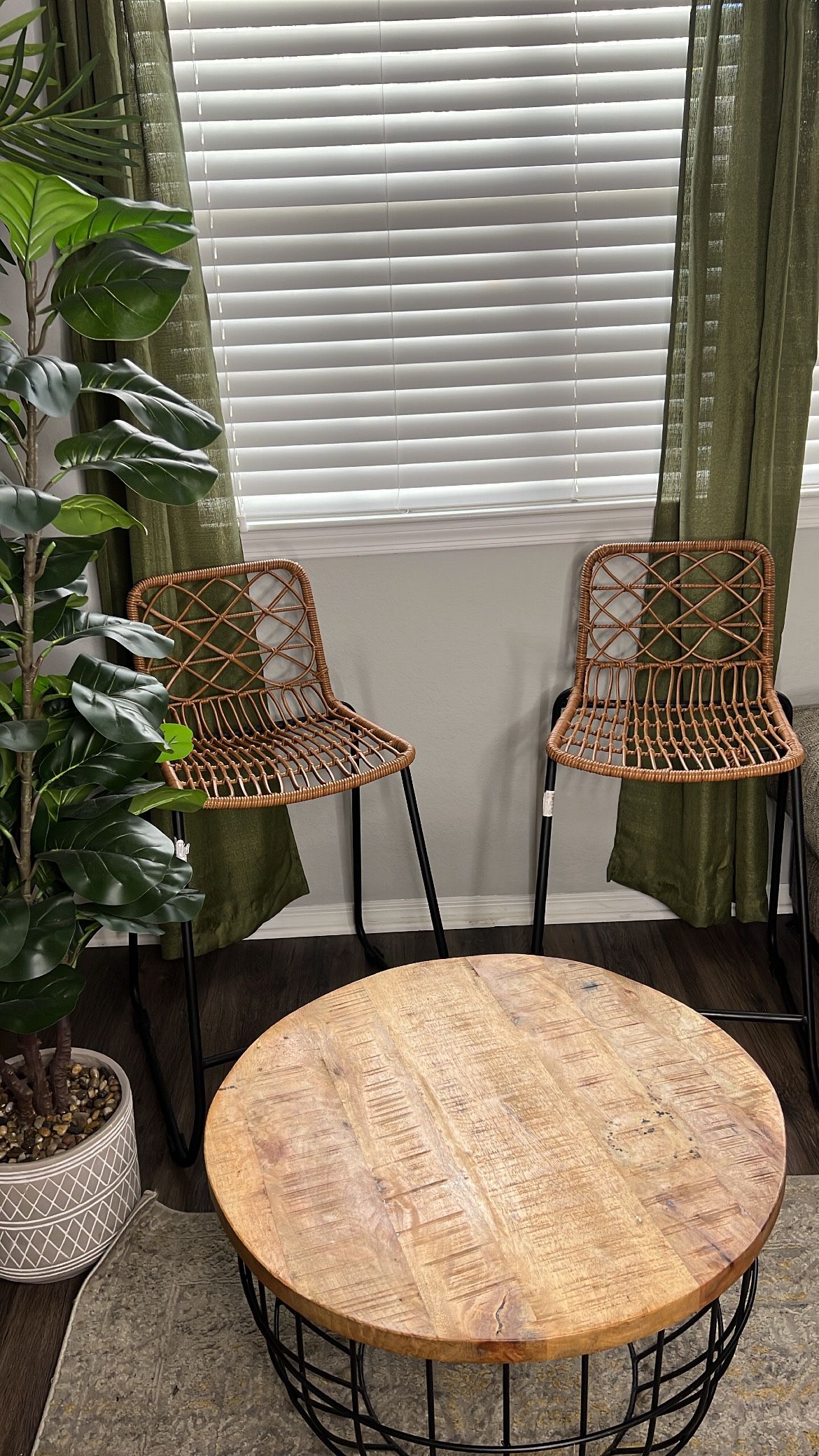 Bamboo Bar Chairs .. Coffee Table .. Plant And Curtains 