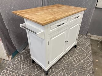 2 Drawer White Rolling Kitchen Island with Light Wood Drop Leaf Top