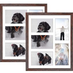 Golden State Art, 11x14 Distressed Brown Wooden Frame with White Mat - Displays Five 4x6 Photos - Tempered Glass - Wall Mounting, Portrait, Set of 2