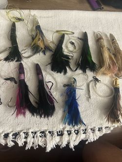 Lot of 10 Rigged Offshore Trolling Lures / Tuna Feathers - Zuker's & More