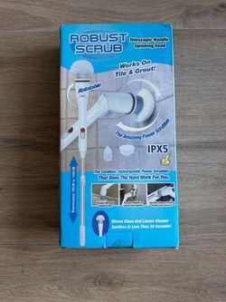 Robust Scrub Telescopic Handle Spinning Head Power Scrubber, a cordless and rechargeable electric cleaning brush