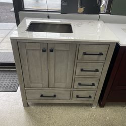 Bathroom vanity cabinet 36” solid mango Quartz top with sink and backsplash