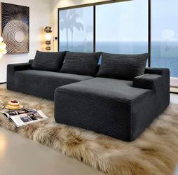 Modern Black Corduroy L Shaped Sectional Sofa