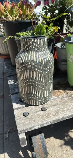 Dark Gray Ceramic Vase with Etched Pattern