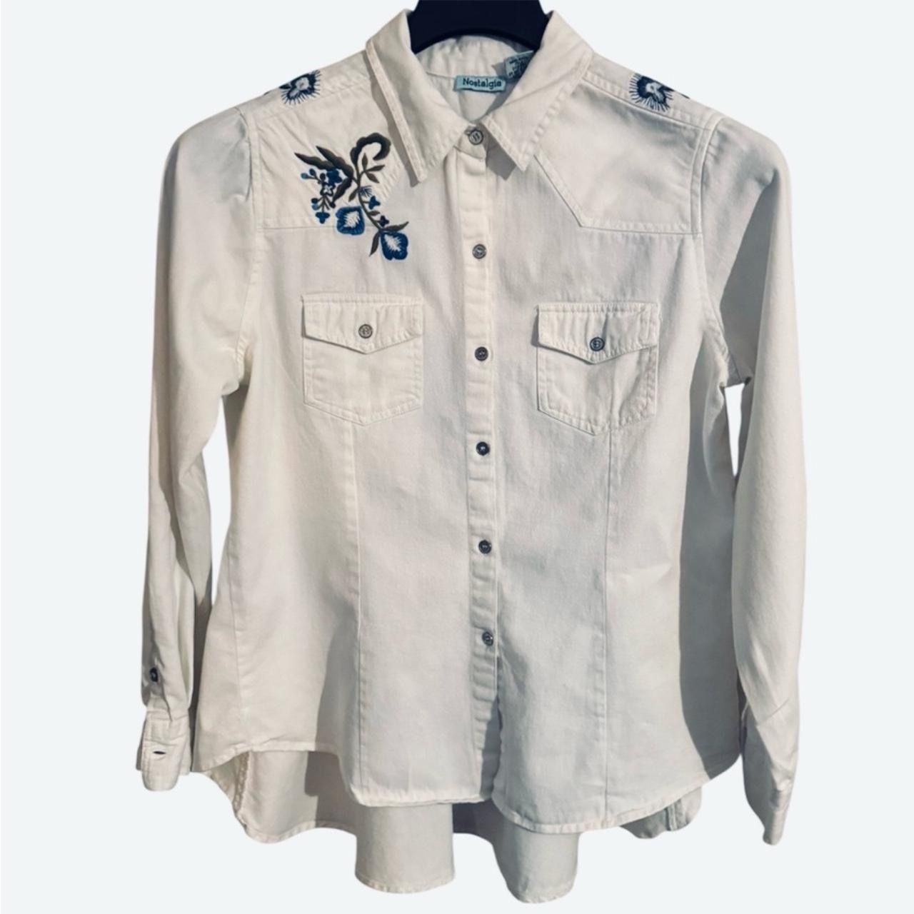 NOSTALGIA Y2K White Denim Embroidered Flowers High Low Peplum Shirt Sz S