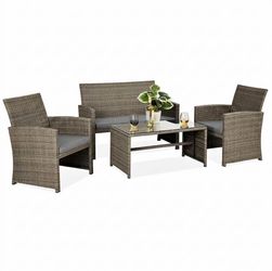 4-Piece Outdoor Wicker Patio Conversation Furniture Set for Backyard w/Coffee Table, Seat Cushions