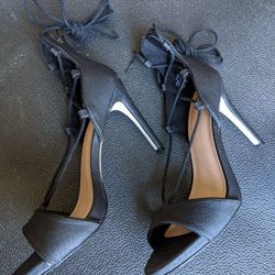 Women's Pumps Open Toe Stiletto Heel Heels D'Orsey Black With Around the Calf Laces Size US 8.5