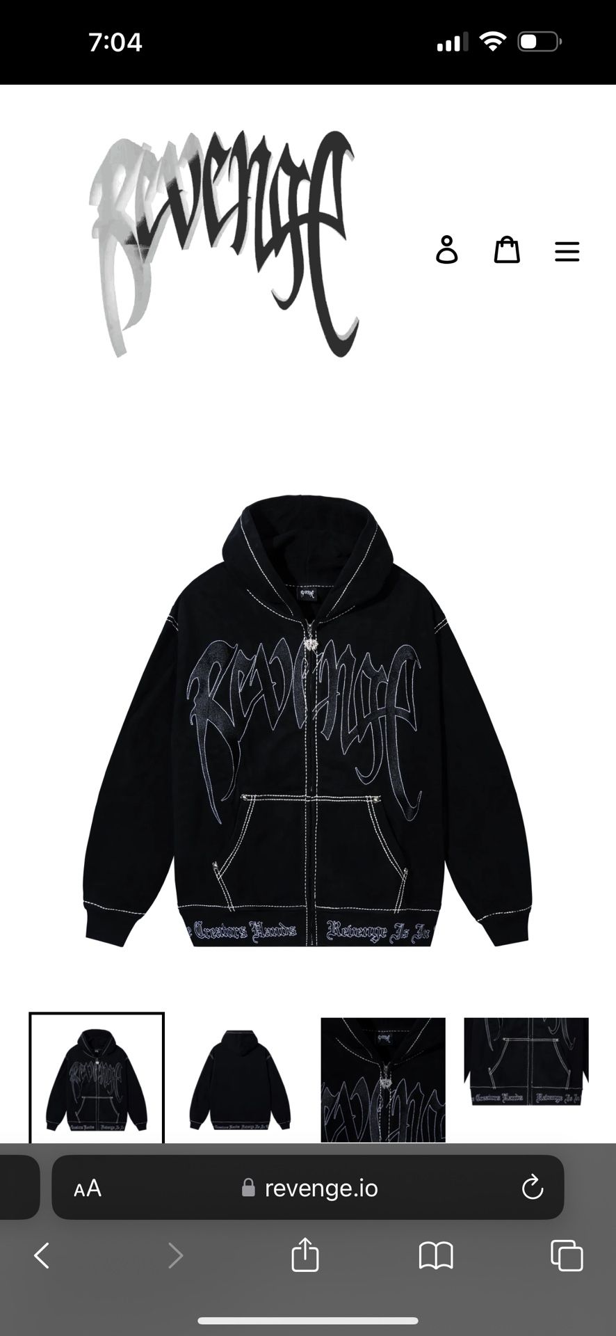 Revenge Embroidered Zip Hoodie Black 