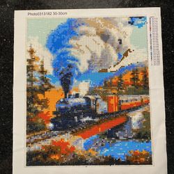 Handmade Bead Embroidery on Canvas of Train on Bridge Wall Decor 12x12”