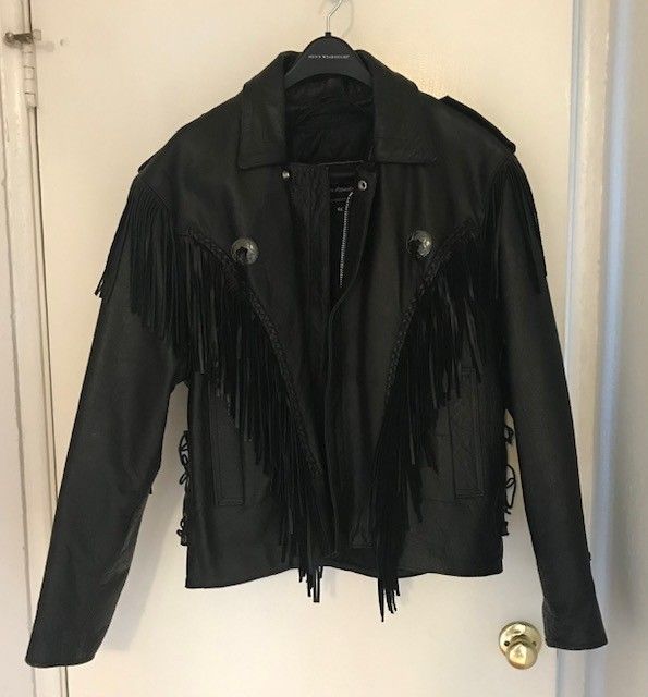 Unik Vintage Fringed Genuine Leather Mens Motorcycle Jacket 46 Black