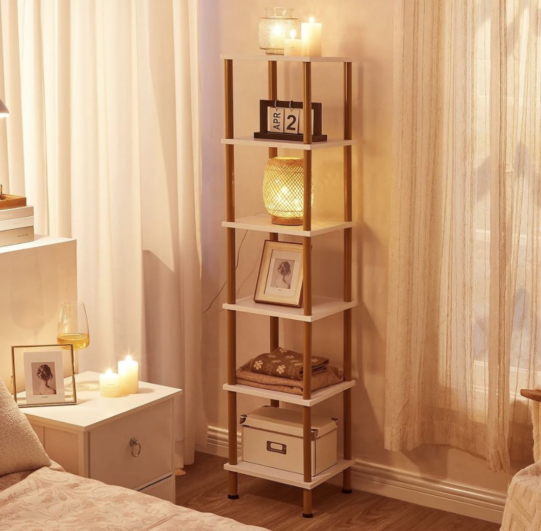 6-Tier Corner Shelf Display Shelves Tall Storage Plant Stand Corner Bookcase Organizer White Gold 