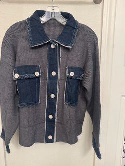 NWT KEOMUD Mixed Media Denim And Knit Jacket Grey Cardigan Sandro-Style ~Medium~