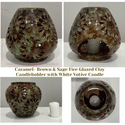 Caramel-Brown & Sage Fire Glazed Clay Candleholder with White Votive Candle 
