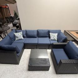 7-Piece Outdoor Furniture Set, Patio Furniture Set with Thick Cushions and Pillows, Negotiation Sofa Set with Glass Top Coffee Table for Backyard Gard