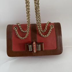 Christian Louboutin Sweet Charity Bow Chain Shoulder Bag Red Brown Leather