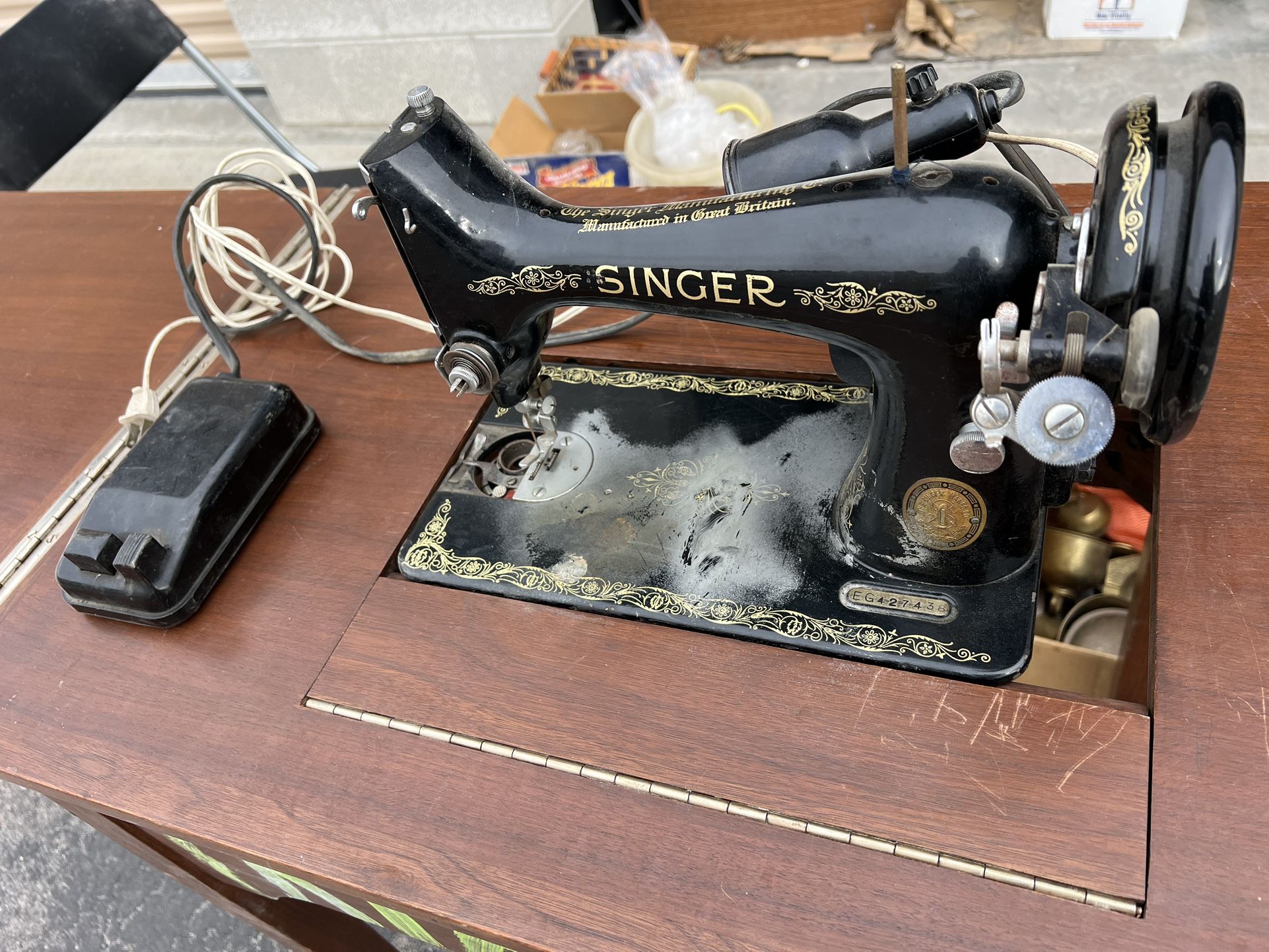 Antiques , 2-1928's Tables ,1 Set Of  Chairs 1920s sewing machine in cabinet display cabinet made by an antique dealer