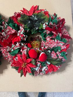 Vintage Handmade Christmas Fabric Rag Tie Wreath Plush Reindeer Poinsettia