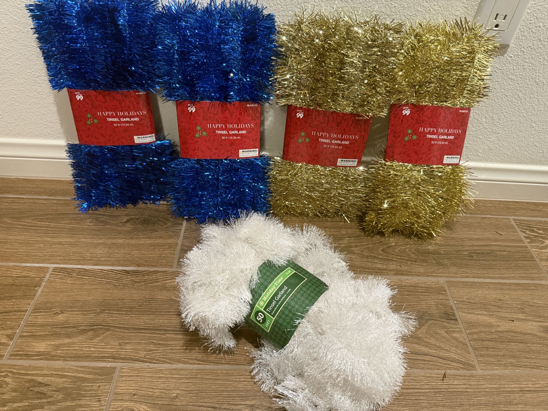 Tinsel garland Christmas holiday Decorations Brand New White Gold Blue