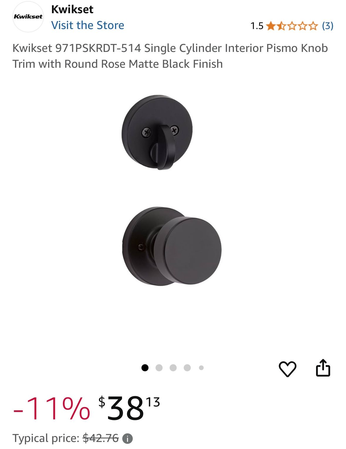 Kwikset 971PSKRDT-514 Single Cylinder Interior Pismo Knob Trim with Round Rose Matte Black Finish