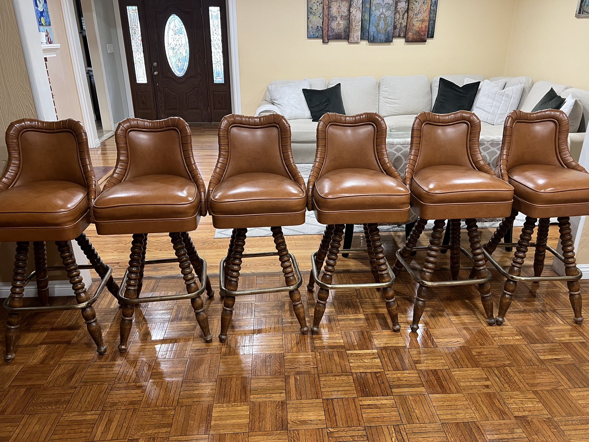 Leather Bar Stools Beige & Wood