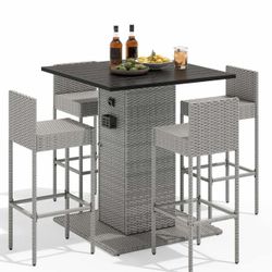 Pick Up: 5-Piece Outdoor Wicker Bar Set with Built-in Bottle Opener, Metal Tabletop, Hidden Storage Shelf, 4 Stools with Backrest for Patios, Backyard