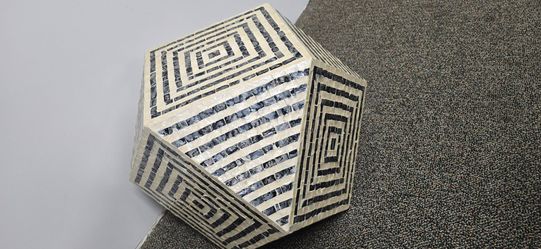 Handmade Mother of Pearl Mosaic Geometric Labyrinth Cube Stool / Side Table - Black & White Modern Art Decor