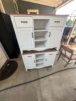 White Farmhouse Hutch Cabinet with Wine Rack
