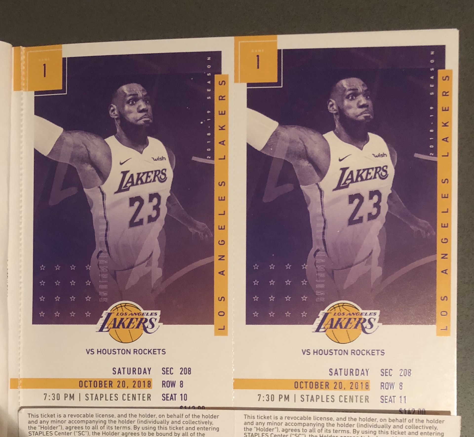 Lakers vs Rockets Sat 10/20 Sec 208 Row 8