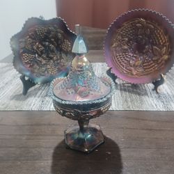 Antique Harry Northwood “Golden Iris”Carnival Glass Bowl Grapes-Cable With LOGO