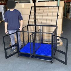 $190 (New in box) Folding heavy duty dog cage 41x31x34” double-door stackable kennel w/ divider, plastic tray