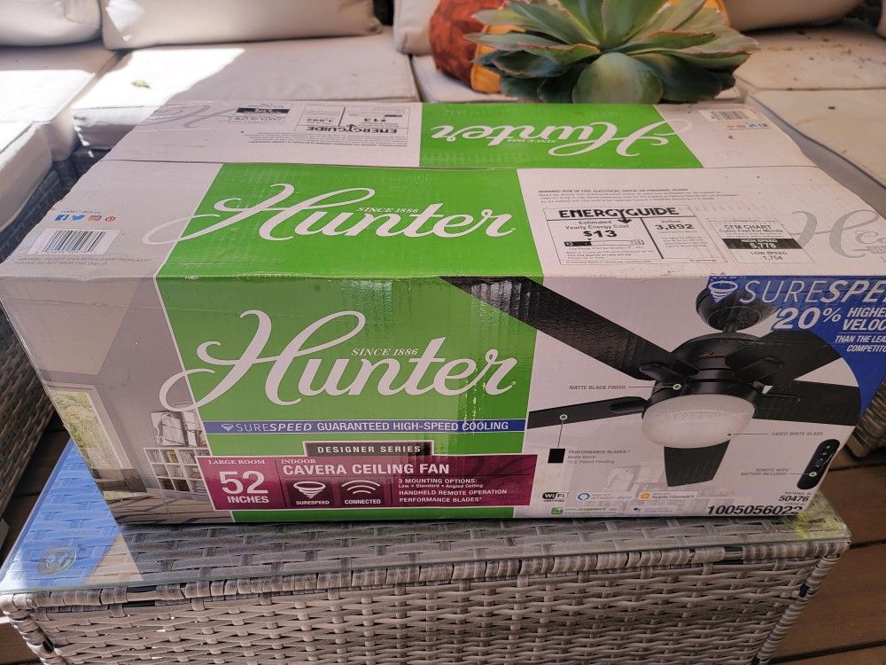 Hunter Black Ceiling Fan With LED Light And Wifi, New In Box