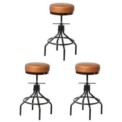 Metal Industrial Bar Stools Set of 3 Adjustable Swivel Barstools Modern PU Leather 28inch Round Backless Counter Height Stool Bar Chair for Kitchen Is