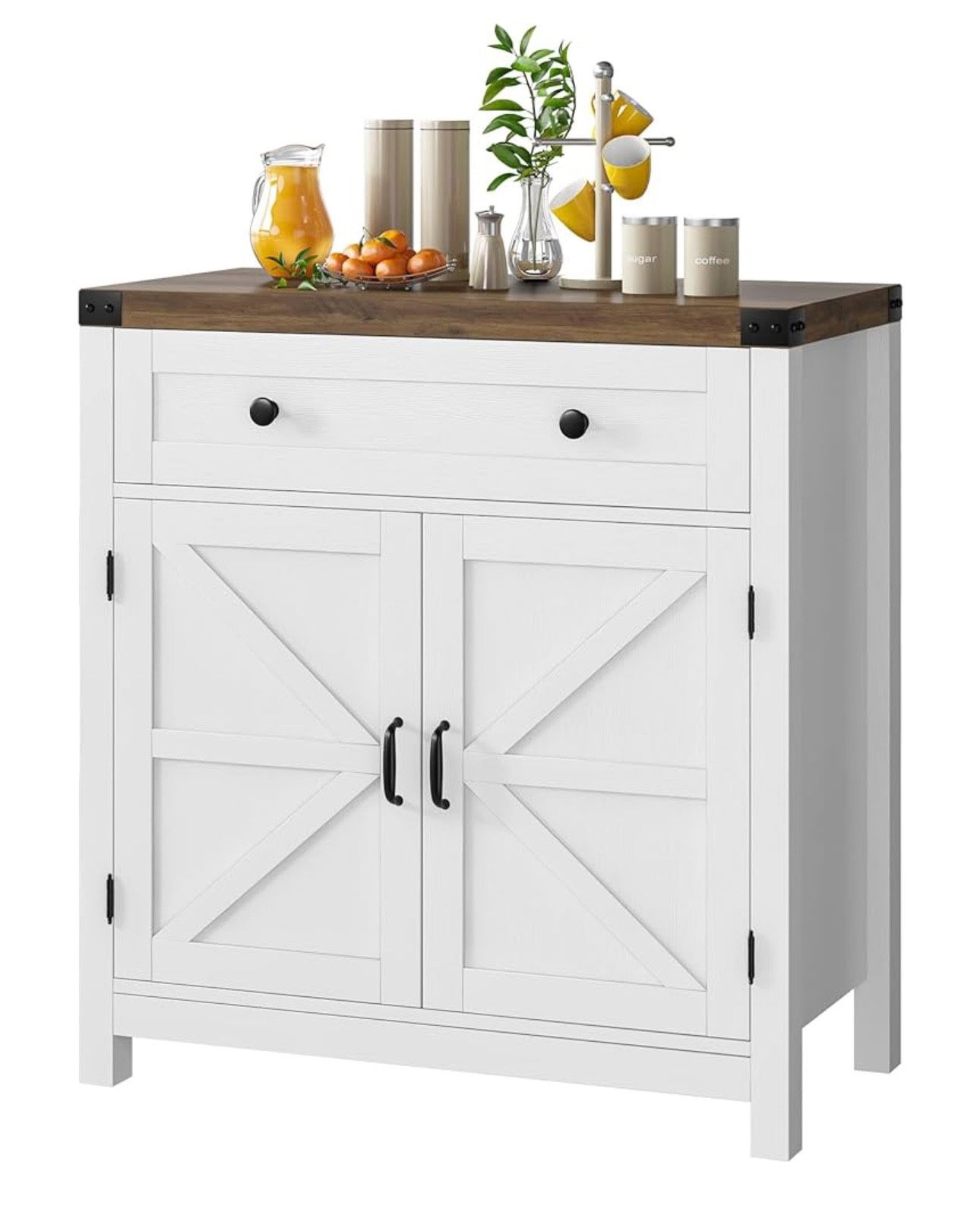 Coffee Bar Cabinet, Kitchen Storage Cabinet, Modern Farmhouse Buffet Sideboard with Drawer and Adjustable Shelf, Barn Door Accent Cabinet fo