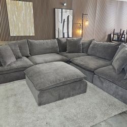 Modern Mira 6-piece Fabric Modular Sectional With Matching Ottoman Dark Gray