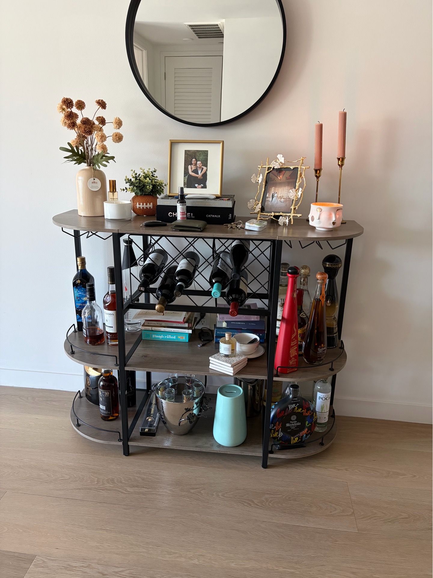Wine Cabinet Coffee Table with Power Socket and LED Light, Three Tiers Coffee Bar Table Wine Rack Liqour Bar with Large Storage for Home Kitchen (Grey