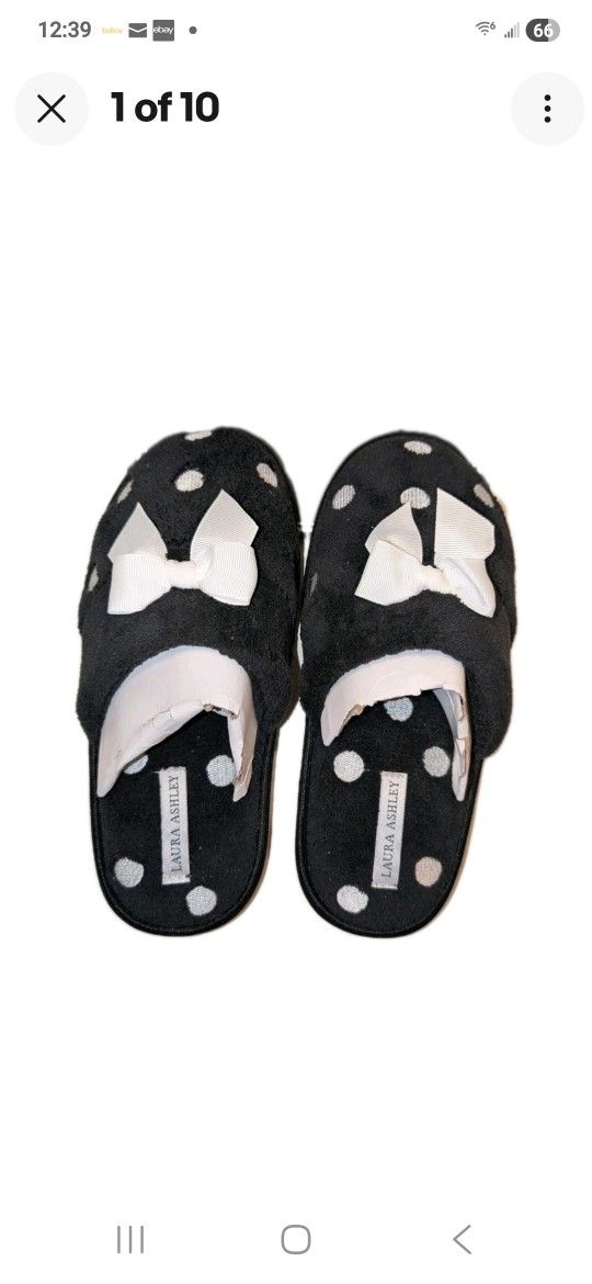 Laura Ashley Slippers 6.5 - 7.5 Black White Polka Dot Slides Womens New Fluffy 