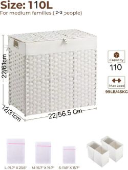 🥨Laundry Hamper with lid, No Install Needed, 110L Wicker Laundry Baskets Foldable 2 Removable Liner Bags, 2 Section Clothes Hamper Handwoven Rattan L