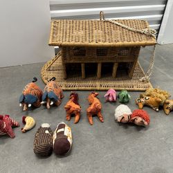 Antique Noah’s Ark Large Rattan Wicker Playset With Handmade Plush Animals 
