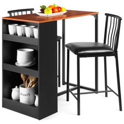 3-Piece Counter Height Kitchen Dining Table Set w/ Storage Shelves