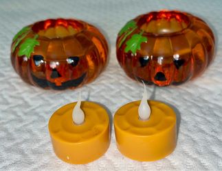 2 Halloween Jack O’ Lantern Glass Candle/Tea Light Holders - PERFECT CONDITION