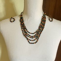 Wooden Bead Statement Necklace & Earrings Fashion Set