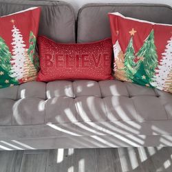 Grey Velvet Love Seat 2 WHT Chairs Acrylic Tables