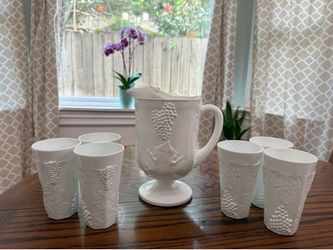 Milk Glass Harvest Grape/Indiana Glass Co Col BBB ony Harvest pattern 1966 pitcher & 6 tumblers by