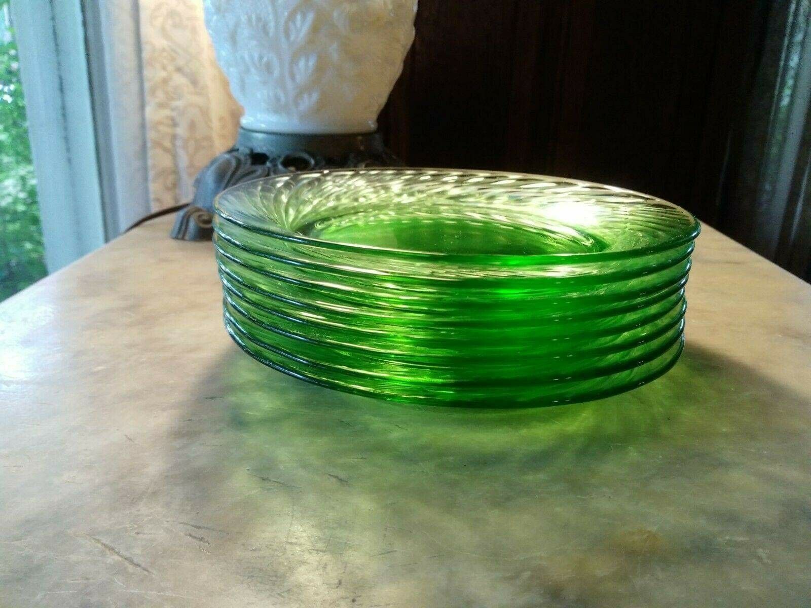 8) Vintage Pyrex Festiva Green Swirl 7.5" Salad, Dessert, Bread Plates - dishes dish