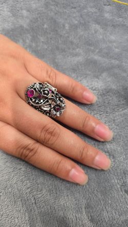 Silver Floral Ring with Pink Stones